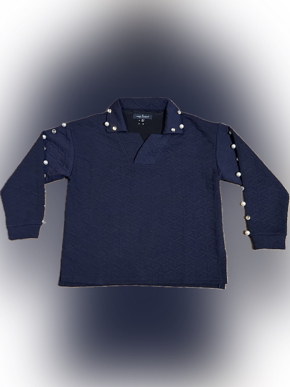 Simply Southern (S) navy v-neck - quilted texture, rhinestone, & pearl accents